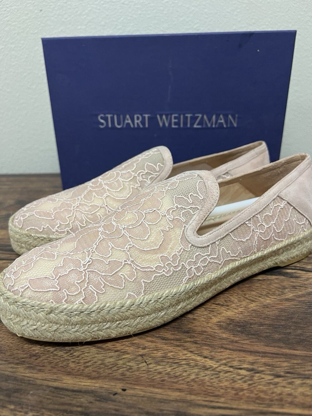 Stuart Weitzman Countylace 10 Rose Pink Lace Espadrille Loafers Shoes NIB